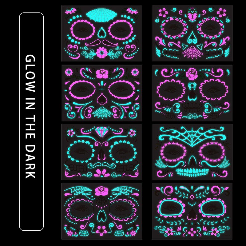 Tatouage Halloween pour Visage, 8 Feuilles Lumineux Halloween Tatouage Temporaires Autocollant, Tatouages de Crâne de Jour des Morts pour Maquillage de Fête D'Halloween Enfants Adultes