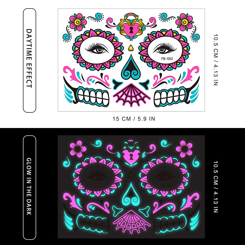 Tatouage Halloween pour Visage, 8 Feuilles Lumineux Halloween Tatouage Temporaires Autocollant, Tatouages de Crâne de Jour des Morts pour Maquillage de Fête D'Halloween Enfants Adultes