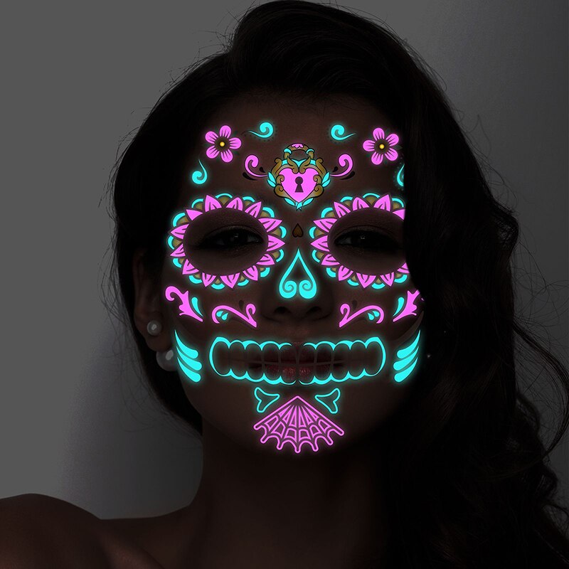 Tatouage Halloween pour Visage, 8 Feuilles Lumineux Halloween Tatouage Temporaires Autocollant, Tatouages de Crâne de Jour des Morts pour Maquillage de Fête D'Halloween Enfants Adultes