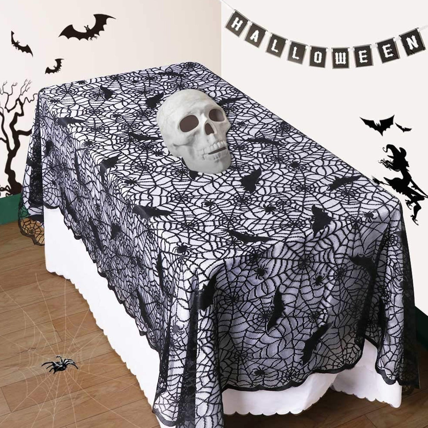 Nappe Noire Halloween, Nappe Table Dentelle Halloween, Nappe Toile Araignée Noire, Nappe Gothique Halloween, Décoration de Table pour Fête Halloween