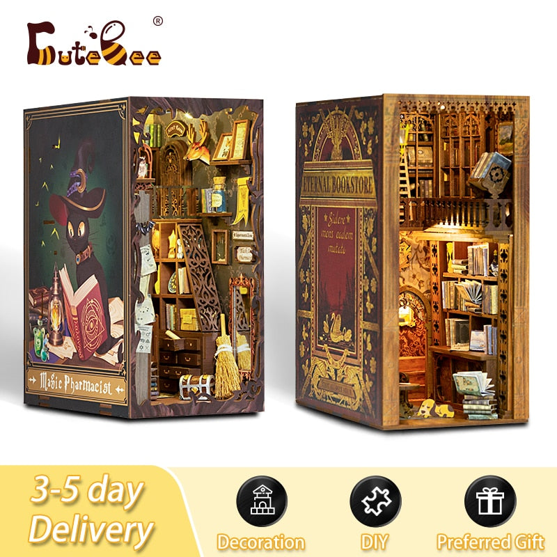 CUTEBEE DIY Gifts Book Nook Toy Kit Dollhouse with Touh Light Miniature House Wooden Building Model for Kid Gift Magic Pharmacit