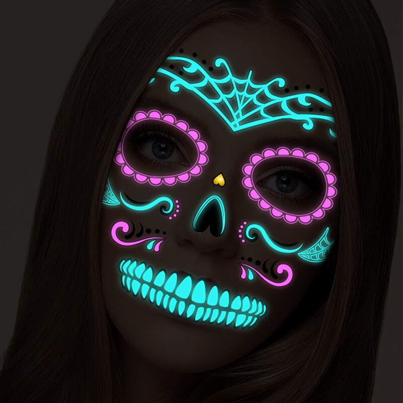 Tatouage Halloween pour Visage, 8 Feuilles Lumineux Halloween Tatouage Temporaires Autocollant, Tatouages de Crâne de Jour des Morts pour Maquillage de Fête D'Halloween Enfants Adultes
