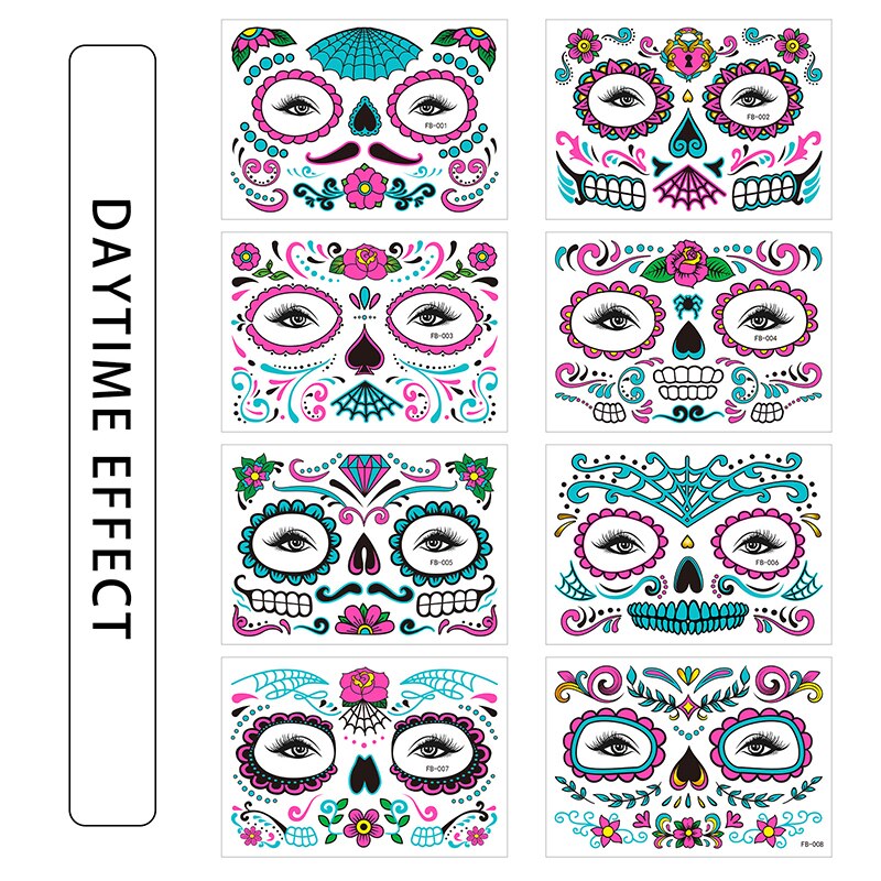 Tatouage Halloween pour Visage, 8 Feuilles Lumineux Halloween Tatouage Temporaires Autocollant, Tatouages de Crâne de Jour des Morts pour Maquillage de Fête D'Halloween Enfants Adultes