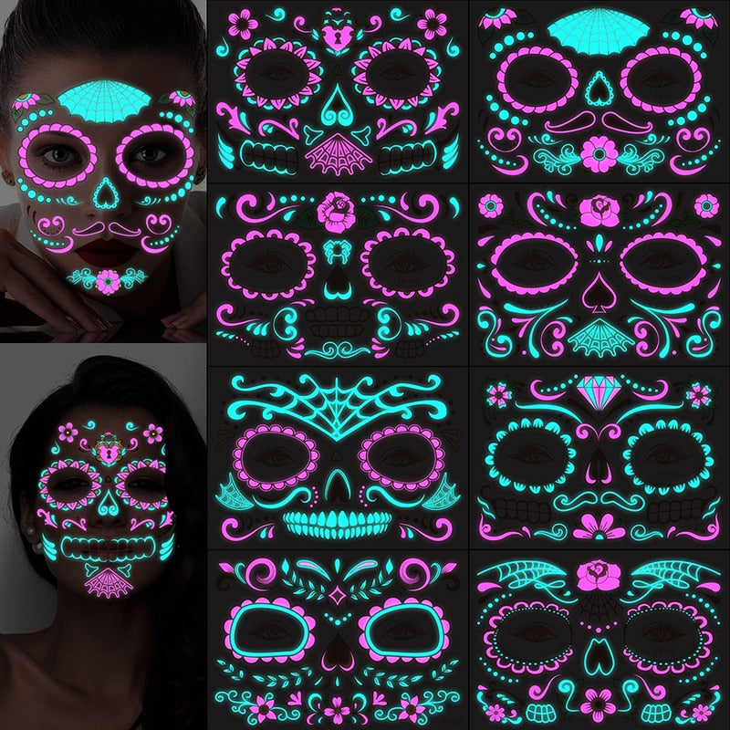 Tatouage Halloween pour Visage, 8 Feuilles Lumineux Halloween Tatouage Temporaires Autocollant, Tatouages de Crâne de Jour des Morts pour Maquillage de Fête D'Halloween Enfants Adultes